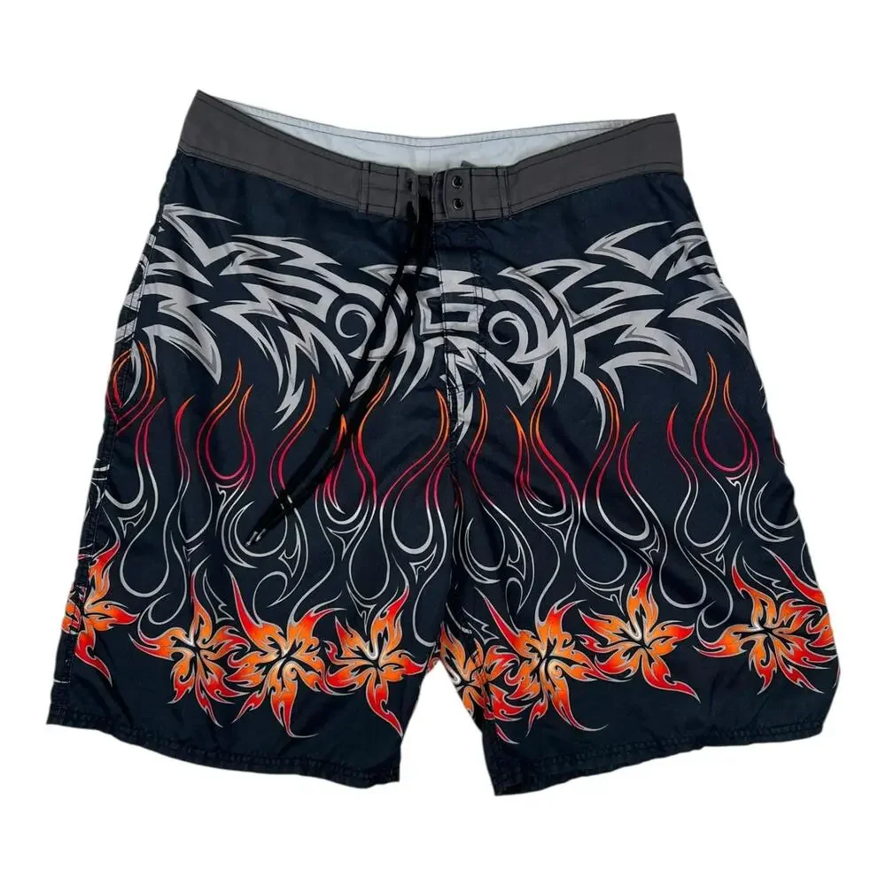Vintage OP Ocean Pacific Board Shorts Mens 36 Black Tribal Flame Surf Beach Y2K